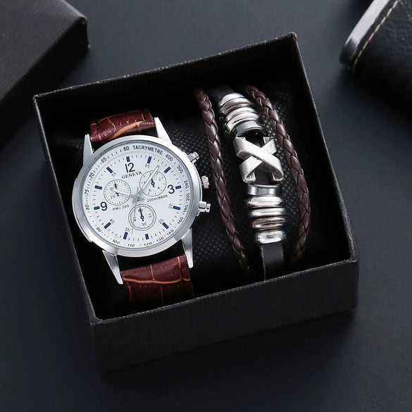 Alloy Shell Imitation Leather Strap Men's Leisure Quartz Watch With Round Dial And Blue Light Twopiece Set