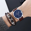 Alloy Shell Imitation Leather Strap Men's Leisure Quartz Watch With Round Dial And Blue Light Twopiece Set