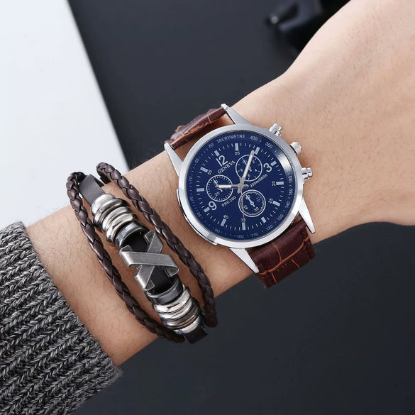 Alloy Shell Imitation Leather Strap Men's Leisure Quartz Watch With Round Dial And Blue Light Twopiece Set
