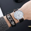 Alloy Shell Imitation Leather Strap Men's Leisure Quartz Watch With Round Dial And Blue Light Twopiece Set