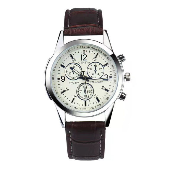 Alloy Shell Imitation Leather Strap Men's Leisure Quartz Watch With Round Dial And Blue Light Twopiece Set