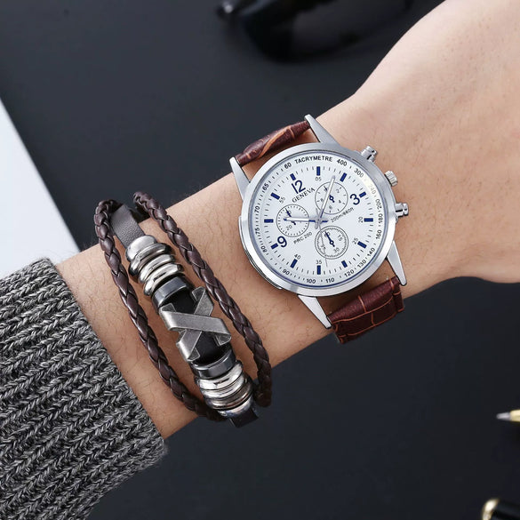 Alloy Shell Imitation Leather Strap Men's Leisure Quartz Watch With Round Dial And Blue Light Twopiece Set