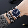Alloy Shell Imitation Leather Strap Men's Leisure Quartz Watch With Round Dial And Blue Light Twopiece Set
