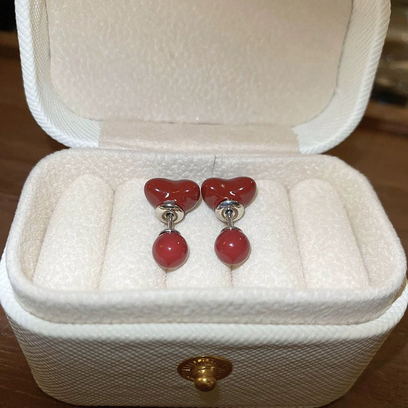 Alloy Silver Needle Ankora Red Drop Oil Heart Shape Dripping Oil Women's Elegant High End Sense Earrings