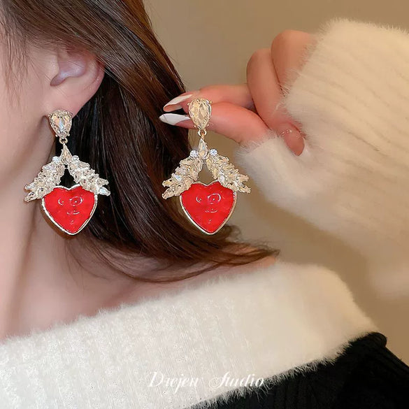 Alloy Silver Needle Ankora Red Drop Oil Heart Shape Dripping Oil Women's Elegant High End Sense Earrings