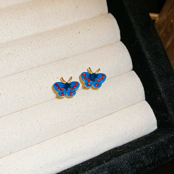 Alloy Silver Needle Blue Butterfly Animal Shaped Earrings Set With Diamonds For Women Artistic Small Fresh Elegant High End Light Luxury