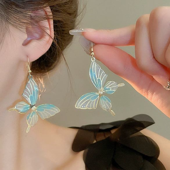 Alloy Silver Needle Blue Butterfly Animal Shaped Earrings Set With Diamonds For Women Artistic Small Fresh Elegant High End Light Luxury