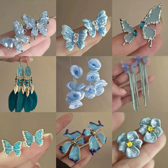 Alloy Silver Needle Blue Butterfly Animal Shaped Earrings Set With Diamonds For Women Artistic Small Fresh Elegant High End Light Luxury