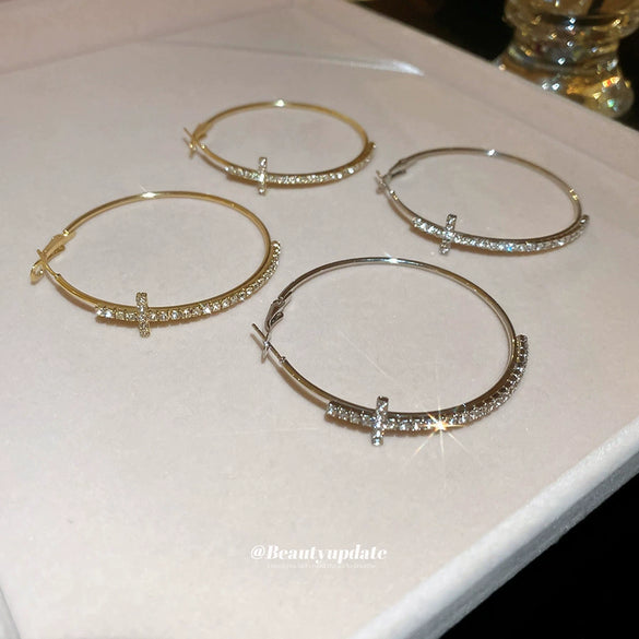 Alloy Silver Needle Diamond Cross Round Earrings For Women Retro Fashion Light Luxury