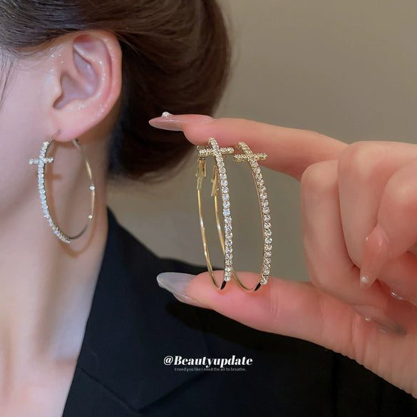 Alloy Silver Needle Diamond Cross Round Earrings For Women Retro Fashion Light Luxury