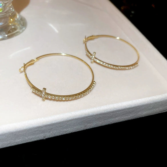Alloy Silver Needle Diamond Cross Round Earrings For Women Retro Fashion Light Luxury