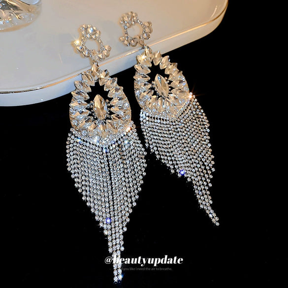 Alloy Silver Needle Flower Dropshaped Hollow Long Tassel Earrings With Diamond For Women