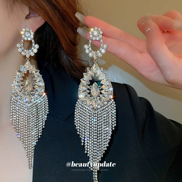 Alloy Silver Needle Flower Dropshaped Hollow Long Tassel Earrings With Diamond For Women
