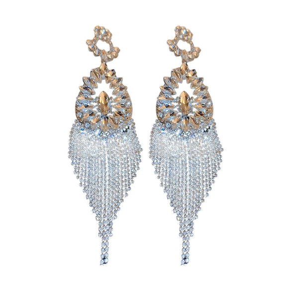 Alloy Silver Needle Flower Dropshaped Hollow Long Tassel Earrings With Diamond For Women