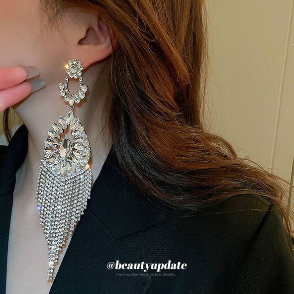Alloy Silver Needle Flower Dropshaped Hollow Long Tassel Earrings With Diamond For Women