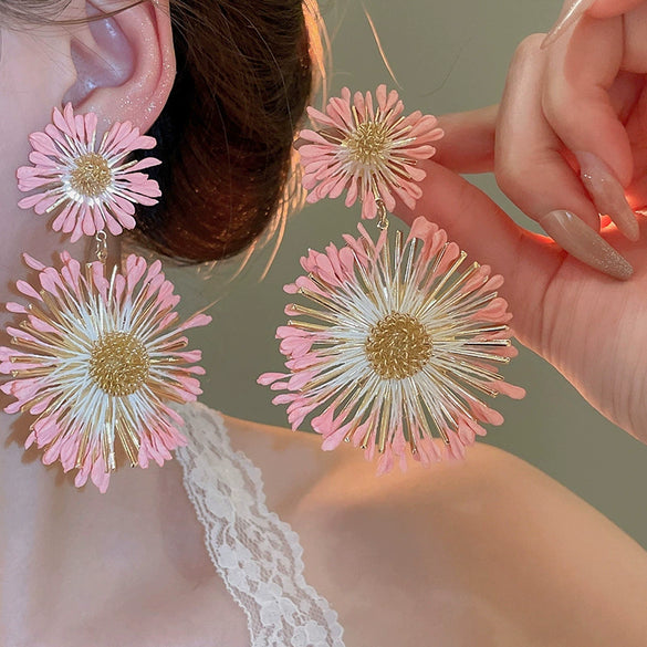 Alloy Silver Needle Flower Mesh Tassel Earrings With Electroplating For Women Fresh And Sweet Flower Shaped Design