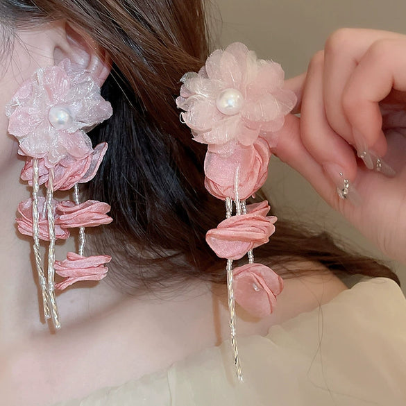 Alloy Silver Needle Flower Mesh Tassel Earrings With Electroplating For Women Fresh And Sweet Flower Shaped Design