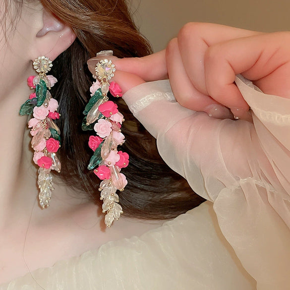 Alloy Silver Needle Flower Mesh Tassel Earrings With Electroplating For Women Fresh And Sweet Flower Shaped Design