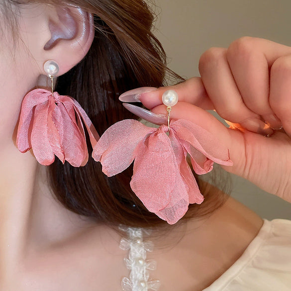 Alloy Silver Needle Flower Mesh Tassel Earrings With Electroplating For Women Fresh And Sweet Flower Shaped Design