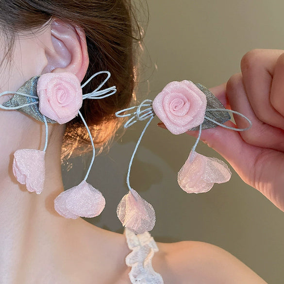 Alloy Silver Needle Flower Mesh Tassel Earrings With Electroplating For Women Fresh And Sweet Flower Shaped Design