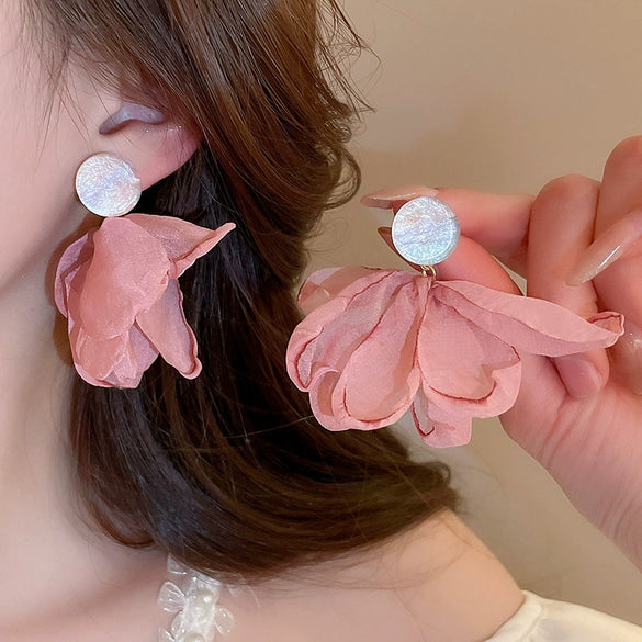 Alloy Silver Needle Flower Mesh Tassel Earrings With Electroplating For Women Fresh And Sweet Flower Shaped Design