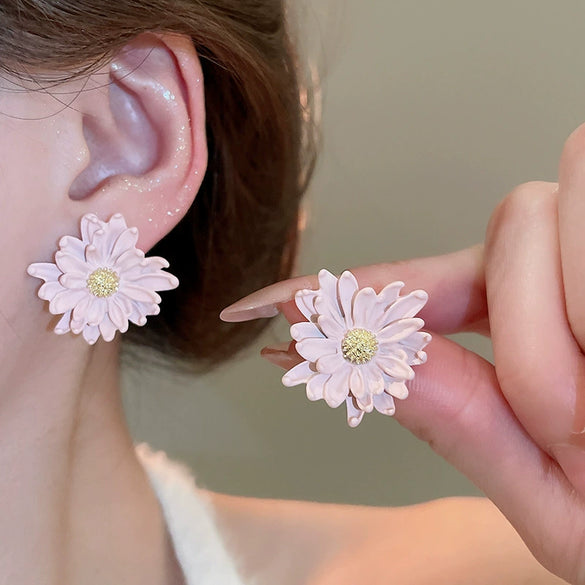 Alloy Silver Needle Flower Mesh Tassel Earrings With Electroplating For Women Fresh And Sweet Flower Shaped Design