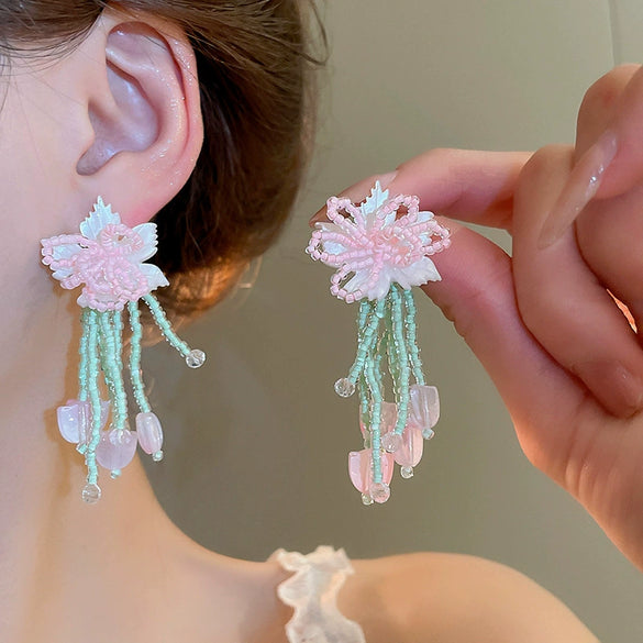 Alloy Silver Needle Flower Mesh Tassel Earrings With Electroplating For Women Fresh And Sweet Flower Shaped Design