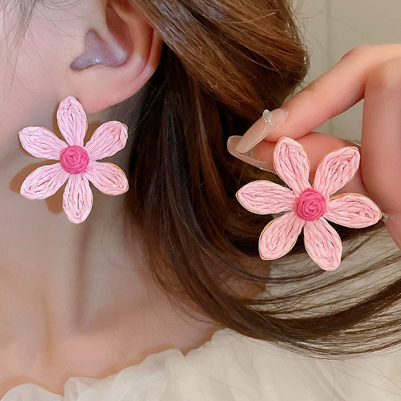 Alloy Silver Needle Flower Mesh Tassel Earrings With Electroplating For Women Fresh And Sweet Flower Shaped Design