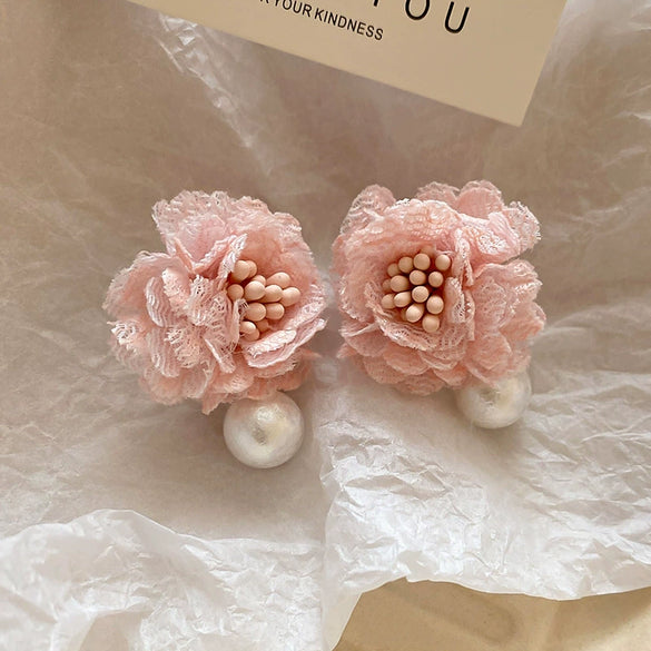 Alloy Silver Needle Flower Mesh Tassel Earrings With Electroplating For Women Fresh And Sweet Flower Shaped Design