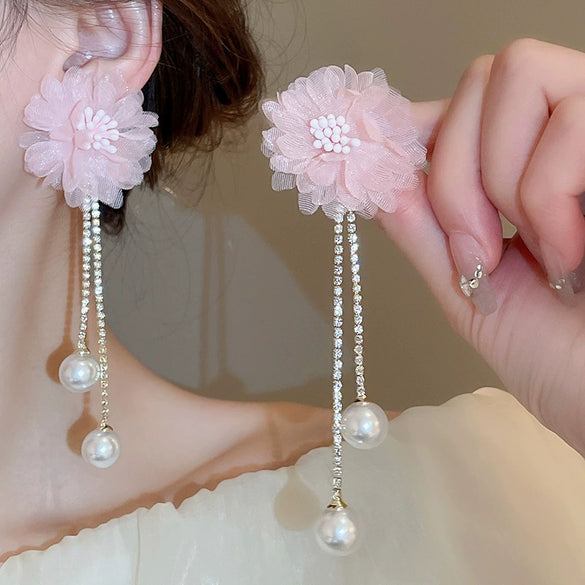 Alloy Silver Needle Flower Mesh Tassel Earrings With Electroplating For Women Fresh And Sweet Flower Shaped Design