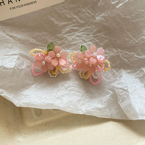 Alloy Silver Needle Flower Mesh Tassel Earrings With Electroplating For Women Fresh And Sweet Flower Shaped Design