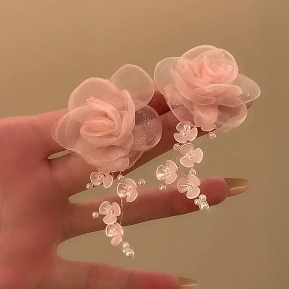 Alloy Silver Needle Flower Mesh Tassel Earrings With Electroplating For Women Fresh And Sweet Flower Shaped Design