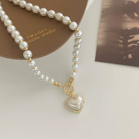 Alloy Silver Needle Inlaid With Diamonds And Pearls Double Circle Heart Earrings Electroplated For Women