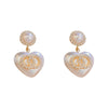 Alloy Silver Needle Inlaid With Diamonds And Pearls Double Circle Heart Earrings Electroplated For Women