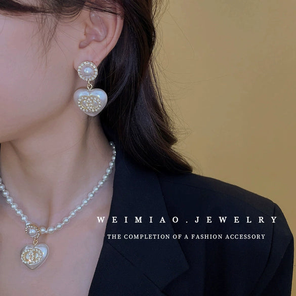 Alloy Silver Needle Inlaid With Diamonds And Pearls Double Circle Heart Earrings Electroplated For Women