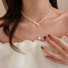 Alloy Silver Needle Inlaid With Diamonds And Pearls Double Circle Heart Earrings Electroplated For Women