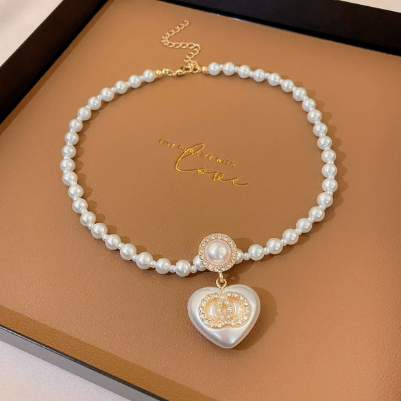 Alloy Silver Needle Inlaid With Diamonds And Pearls Double Circle Heart Earrings Electroplated For Women