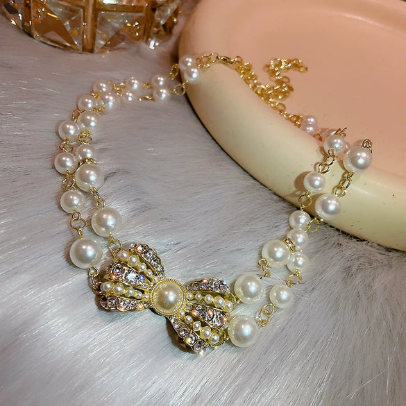 Alloy Silver Needle Inlaid With Diamonds And Pearls Double Circle Heart Earrings Electroplated For Women