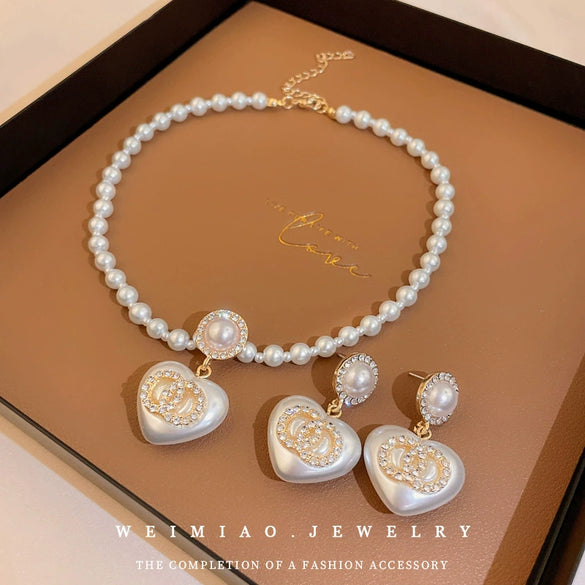 Alloy Silver Needle Inlaid With Diamonds And Pearls Double Circle Heart Earrings Electroplated For Women