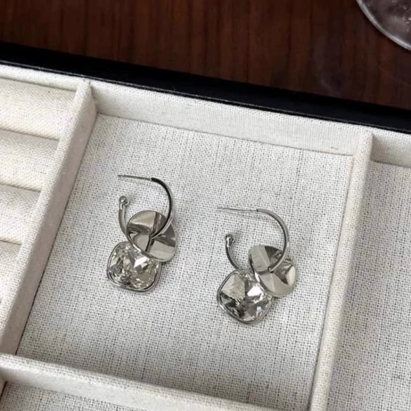 Alloy Silver Needle Sugar Cube Zircon Geometric Hoop Earrings For Women Light Luxury Highend Versatile Exquisite Fashion Niche