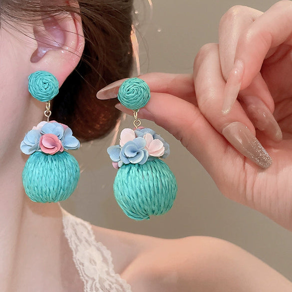 Alloy Silver Needle Tulle Flower Tassel Earrings With Flower Shape Electroplating For Women