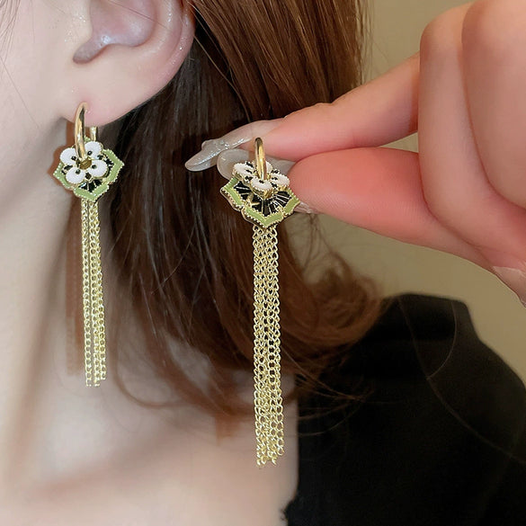 Alloy Silver Needle Tulle Flower Tassel Earrings With Flower Shape Electroplating For Women