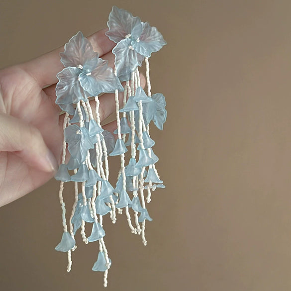 Alloy Silver Needle Tulle Flower Tassel Earrings With Flower Shape Electroplating For Women
