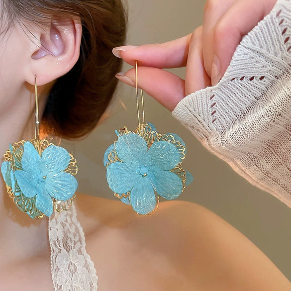 Alloy Silver Needle Tulle Flower Tassel Earrings With Flower Shape Electroplating For Women