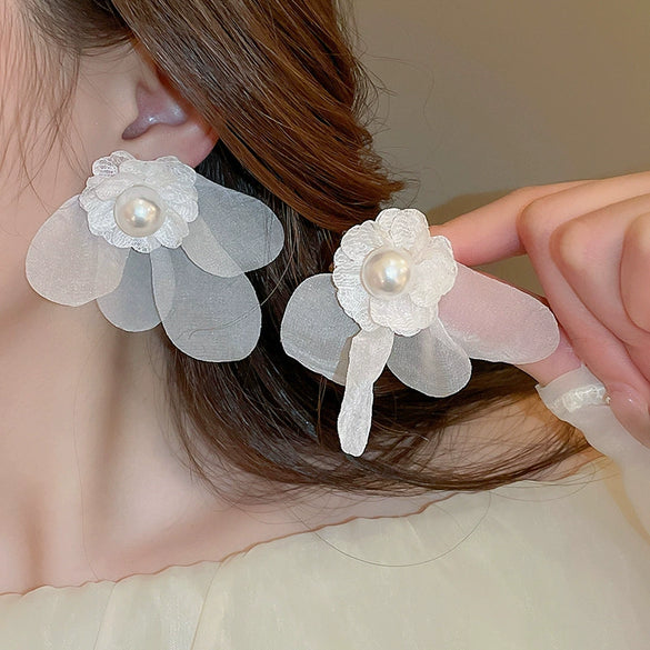 Alloy Silver Needle Tulle Flower Tassel Earrings With Flower Shape Electroplating For Women