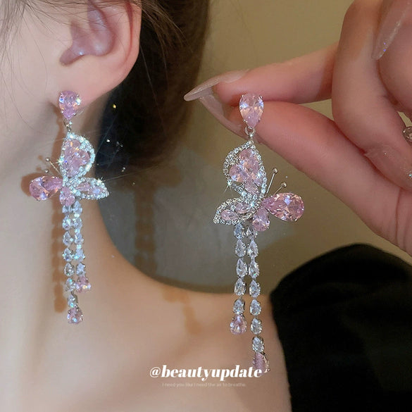 Alloy Silver Needle Zircon Pink Butterfly Water Drop Long Tassel Forest Style Women's Earrings