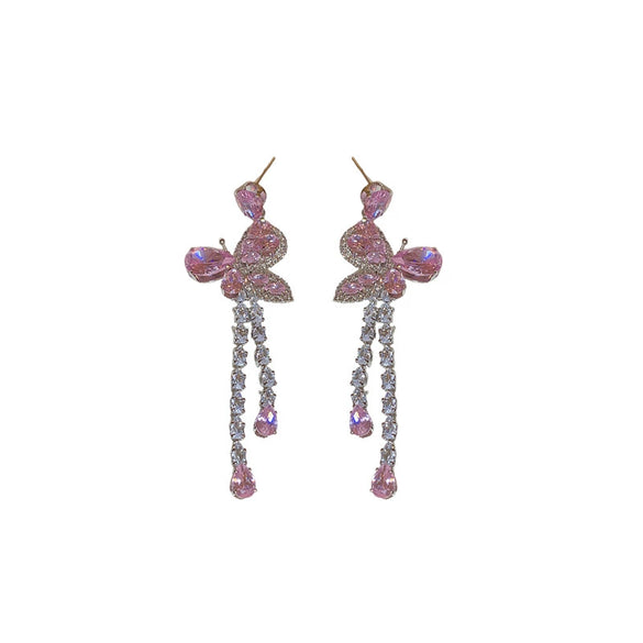 Alloy Silver Needle Zircon Pink Butterfly Water Drop Long Tassel Forest Style Women's Earrings
