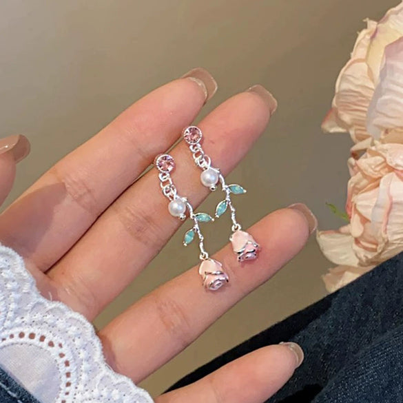 Alloy Silver Pink Rose Enamel Electroplating Geometric Flower Drop Earrings For Women