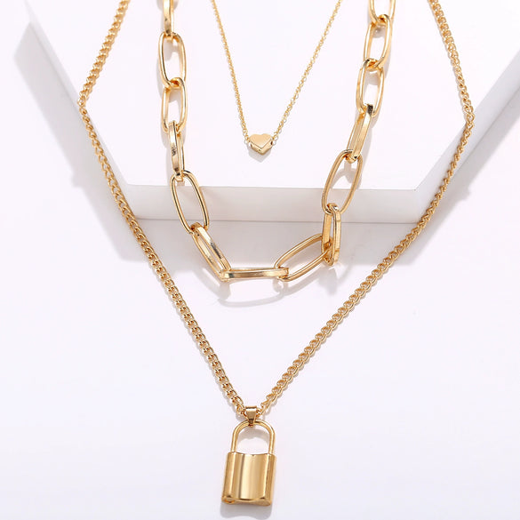 Alloy Simple Peach Lock Pendant Necklace Creative Retro Multilayer With Electroplating