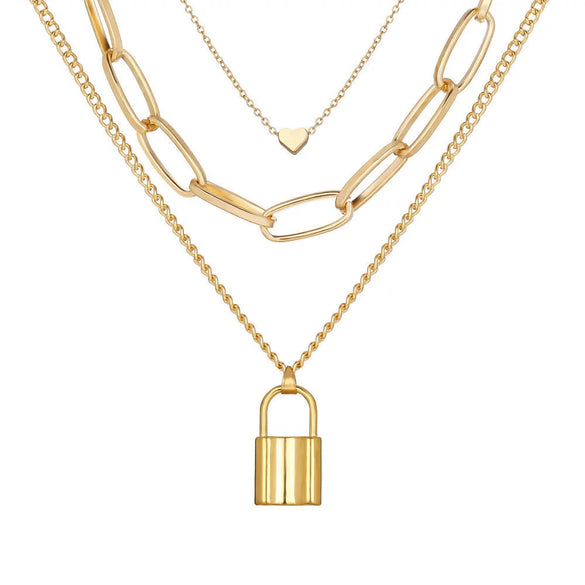 Alloy Simple Peach Lock Pendant Necklace Creative Retro Multilayer With Electroplating